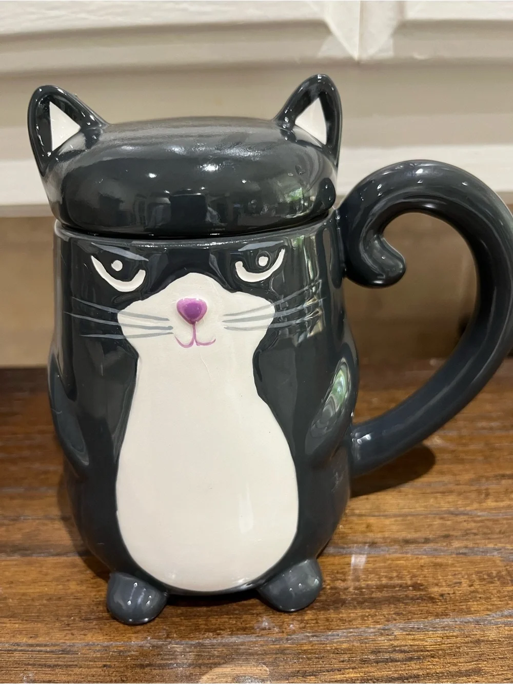 Ceramic Black & White Grumpy Cat Mug with Lid - Cute Pet Design